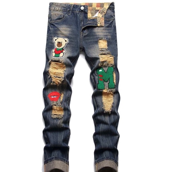 Other - Mens distressed slim straight washed jeans dark denim patch ripped denim bear
